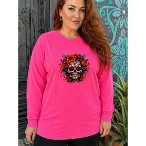 Custom Print Dia de Muertos Sugar Skull LS T-Shirt 3X Neon Pink NWOT